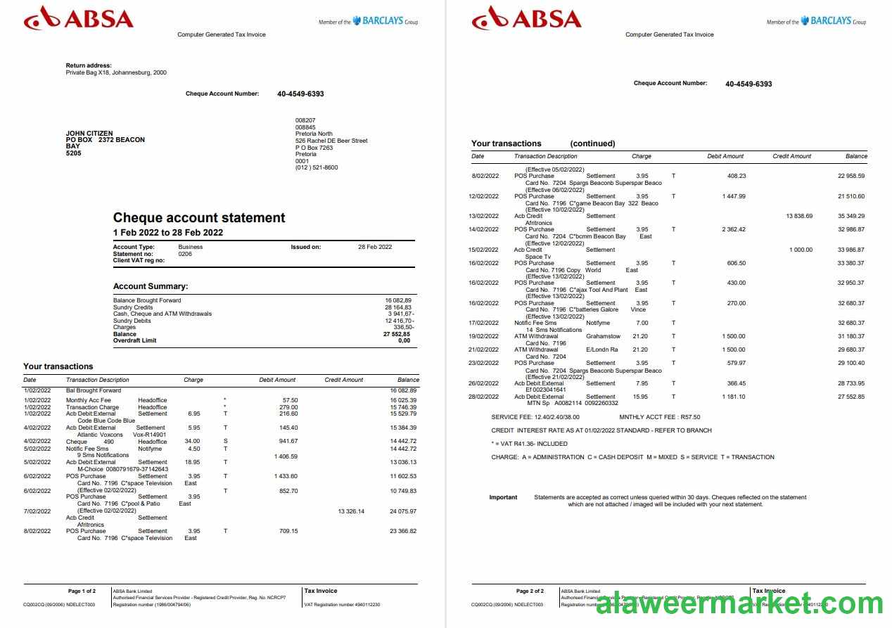 United Kingdom Absa bank statement, Word and PDF template, 2 pages